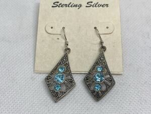 Vtg Marsala Art Deco Sterling Silver Dangle Blue Crystal & Marcasite Earrings